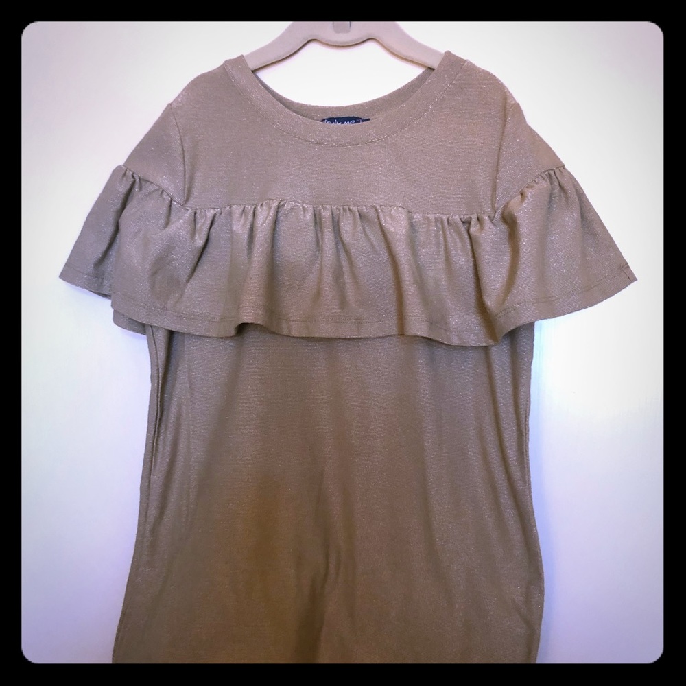 Girl gold shimmer ruffled short sleeve top, size M